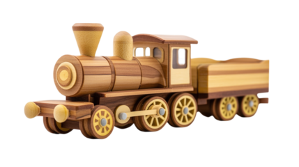 Classic wooden toy train isolated on transparent background 