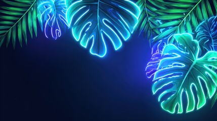 Bright neon tropical leaves with glowing blues and greens illuminated against dark background