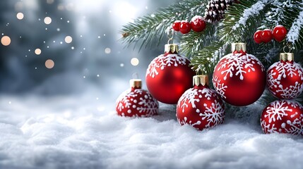 Bright red ornaments featuring snowflake designs are hung on a pine tree, surrounded by a blanket of fresh snow. 