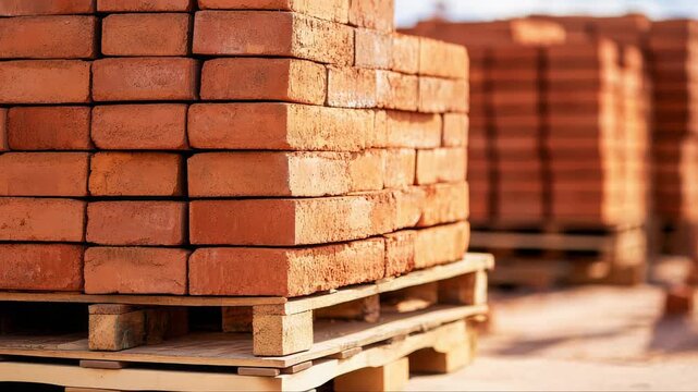 Red clay bricks lining wooden pallets, preparing for construction work, displaying industrial building materials in manufacturing storage facility