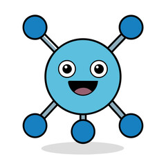 Happy blue cartoon molecule character with big eyes and a wide smile