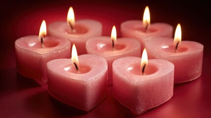 Group of seven pink heart-shaped candles burning with small flames on a dark red background for romantic ambiance