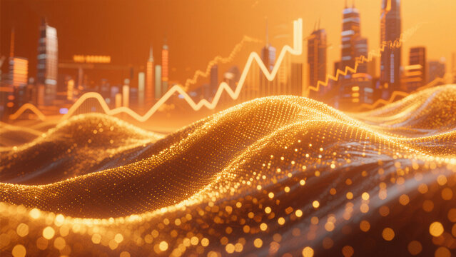 A city background with a financial line chart trend