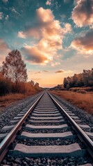 Fototapeta premium Railroad tracks stretching into a golden sunset, framed by autumnal trees