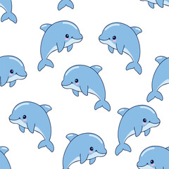 Hand drawn cute dolphin seamless vector pattern, cute ocean animals