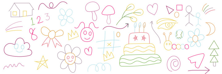 Fototapeta premium Colorful doodle collage with playful symbols. A lively collection of colorful doodles featuring birthday cake, flowers, clouds, shapes, and fun hand-drawn sketches in multiple colors.