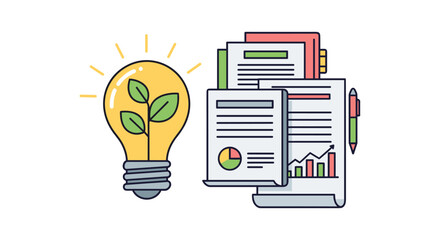 This illustration depicts the convergence of sustainable innovation and data-driven business analysis, showcasing green ideas transforming into actionable reports.