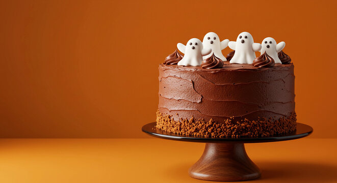 Delicious chocolate halloween cake decorated with ghost shaped candies on a cake stand dessert - Powered by Adobe