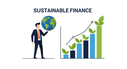 A businessman advocates for sustainable finance, illustrating the positive impact of eco-friendly investments on global growth and environmental well-being.