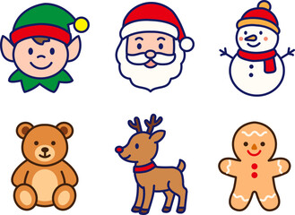 Christmas cute icon set with Santa Claus, elf, snowman, teddy bear, reindeer and gingerbread man. Perfect for kids, holiday decoration, sticker, greeting card and seasonal winter design.