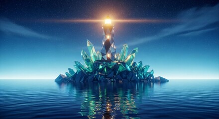Mystical lighthouse on crystal island under starry night sky