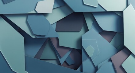 Abstract geometric composition featuring overlapping polygonal shapes in various shades of blue and grey.
