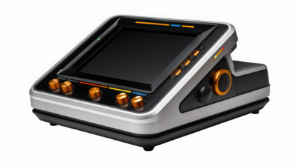 Control panel device with orange knobs and screen