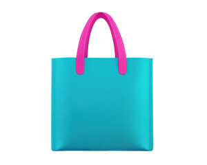 Stylish bright blue tote shopping bag with pink handles on a transparent background