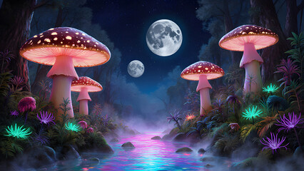 Mystical alien forest with giant bioluminescent mushrooms at night