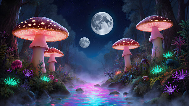 Mystical alien forest with giant bioluminescent mushrooms at night