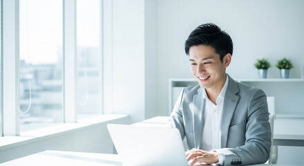 オフィスでパソコン作業をする笑顔の若いビジネスマン