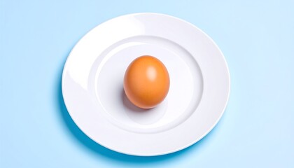 Single Brown Egg on White Plate with Blue Background.