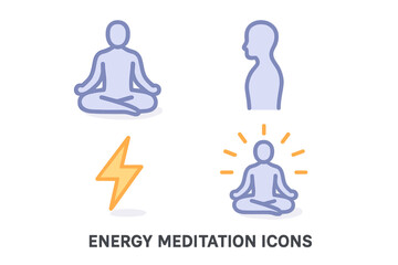 Obraz premium Energy meditation icon set. Isometric flat vector icons of person in lotus pose for yoga, mindfulness. Silhouette with straight spine, aura, and energy bolt for mental health.