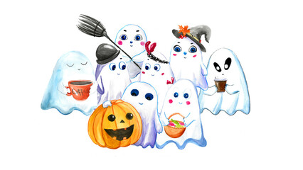 A whimsical watercolor illustration of seven friendly ghosts with big blue eyes. They are celebrating Halloween with a jack-o'-lantern, brooms, and cups of coffee, exuding a cute, festive vibe.