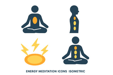Fototapeta premium Chakra meditation icon set. Yoga lotus pose silhouette with spiritual energy points along the spine. Flat isometric vector for mindfulness, healing, balance, wellness concepts.
