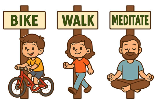 Healthy lifestyle concept with cartoon characters. Boy biking, girl walking, man meditating. Vector signs for outdoor activity, exercise, sport, mindfulness, mental wellbeing.