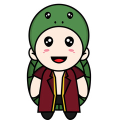 A cute cartoon character dressed in a turtle costume, featuring a green turtle shell and headpiece, with rosy cheeks and a wide smile.