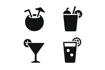 Tropical drink solid glyph icon set. Coconut water, fruit smoothie, cocktail and lemonade vector icons for summer vacation, beach party, bar menu. Beverage symbol collection.