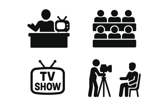 TV show solid icon set. Vector glyph collection of a talk show host, studio audience, cameraman, interview, and television logo. Broadcasting, media, and entertainment concept.