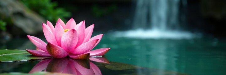 Pink lotus blossom in cascading waterfall pool, botanical, lotus, bloom