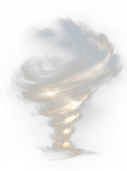 Swirling hurricane tornado Png with spiral funnel vortex, glowing neon motion beams, storm streaks, flying particles, and abstract vector bright energy flare.