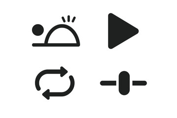Solid fill glyph icon set for interactive UI design. Animation control elements including play button, bounce effect, loop symbol, and speed slider. Vector graphic elements.
