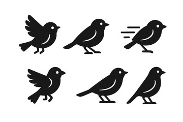 Fototapeta premium Small bird icon set. Vector glyph collection of cute simple birds flying, hopping, and standing. Minimalist animal character silhouette symbols for logos or web design.