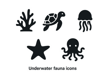 Sea life icon set. Marine animal solid glyph collection. Vector silhouette of underwater fauna: coral, sea turtle, jellyfish, octopus, starfish. Aquatic nature symbols.