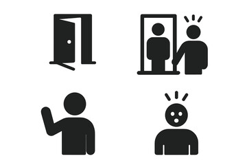 Unexpected encounter solid icon set. Surprise visit glyph icons. Person opening door, waving figure, startled expression. Meeting, greeting, shock vector symbols.