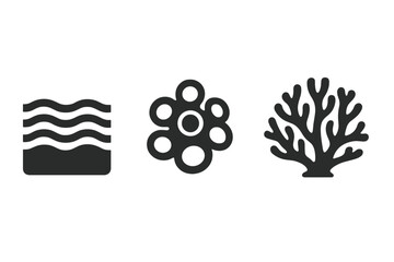 Underwater texture icon set. Solid glyph symbols of sea patterns. Vector collection of ocean elements. Wave, ripple, barnacle cluster, coral silhouette. Marine life icons.