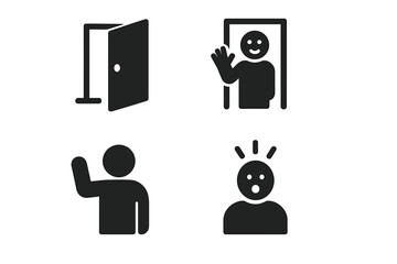 Surprise visit icon set. Unexpected guest at open door. Waving hello and shocked reaction pictograms. Vector glyph symbols for greetings, social encounters, and emotions.