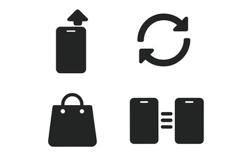 Phone upgrade and trade-in icon set. New smartphone purchase, data transfer, and specs comparison. Mobile device solid glyph icons for web, ui, ux and mobile app design.
