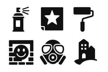 Urban art and graffiti solid icon set. Street art tools vector collection with spray can, stencil, paint roller, gas mask, mural on a wall and city building silhouette.