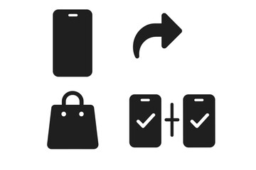 New phone upgrade icon set. Solid glyph vector icons for trade-in, mobile shopping, and comparing smartphones. Technology commerce and electronic device replacement concept.