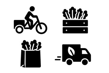 Urban farming solid icon set. Local food delivery by cargo bike and eco truck. Crate of fresh greens, paper bag with vegetables. Vector pictogram for sustainable logistics.