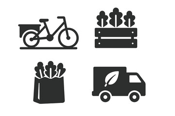 Urban farming vector icon set. Local food delivery symbols with bike, eco truck, vegetable crate, and grocery bag. Sustainable agriculture and transport glyphs. Fresh market produce.