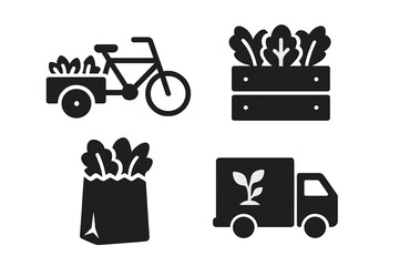 Urban farming solid icon set. Local food delivery by bicycle and truck. Vector icons of fresh vegetables, greens in a crate and bag. Sustainable transport for organic produce.