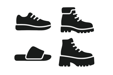 Urban footwear icon set. Solid glyph icons of street fashion shoes. Collection includes sneakers, boots, slides, high-tops, and platform shoes. Vector illustration for apparel.