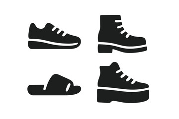 Urban footwear icon set. Solid glyph collection of fashion shoes. Vector silhouettes of sneaker, boot, slide, and platform shoe. Casual apparel graphic element for design.