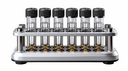 Glass test tubes in metal rack on black background