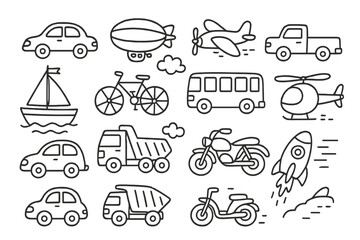 Transportation doodle icon set. Hand drawn vehicle collection with car, truck, plane, rocket, boat, and bicycle. Cute cartoon line art vector for kids coloring page.