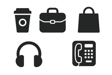 Urban lifestyle solid icon set. City life glyphs. Vector of coffee cup, briefcase, shopping bag, headphones, office phone. Daily routine, work, business and shopping concept.