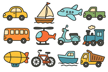 Transportation doodles set. Cute cartoon vehicle collection. Icons of car, boat, airplane, truck, bus, train, helicopter, scooter, bicycle. Playful kids vector illustration.