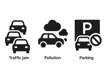 Urban mobility challenges icon set. Vector pictograms of traffic jam, car pollution and parking problems. Solid glyphs for city transport issues like congestion and parking shortage.